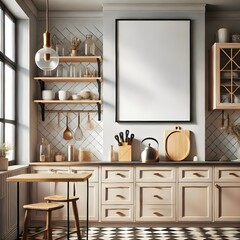 Generative AI. Frame mockup, on the wall of kitchen 