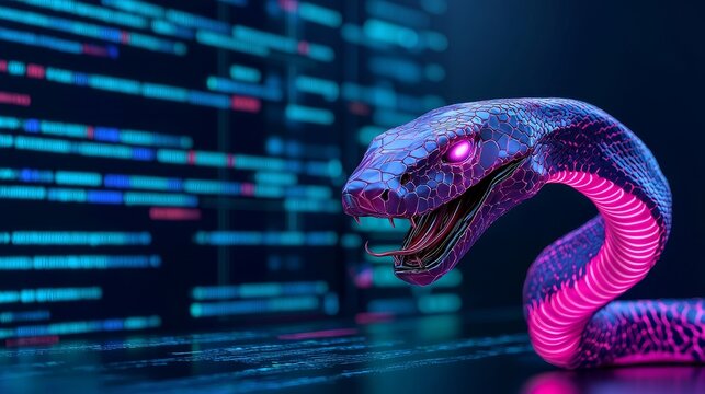 The glowing snake symbolizes the dynamic and powerful nature of Python programming.