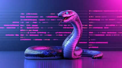 An image of a snake represents Python programming, displaying code snippets in a futuristic environment.