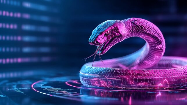 Python programming is represented by a snake in a futuristic setting, displaying code snippets.