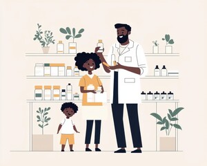 Pharmacist demonstrating health product to family, friendly atmosphere, flat design illustration