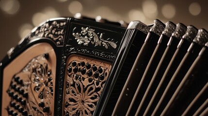 Close-up of an ornate accordion, showcasing intricate details and bellows.