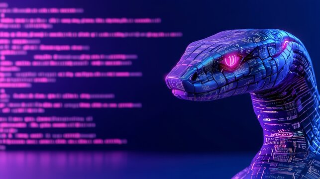 The snake is a digital representation of Python programming, with code snippets in a futuristic environment.