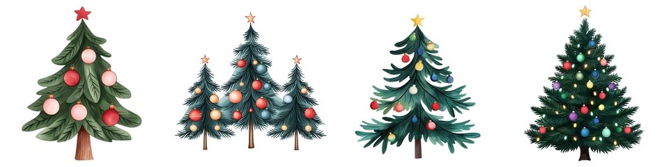 Obraz premium Christmas decorations concept. Four festive Christmas trees decorated with ornaments and colorful lights.