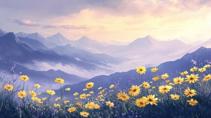 Serene Mountain Landscape Bathed in Soft Light with Vibrant Yellow Flowers in the Foreground and Majestic Peaks Under a Colorful Sky at Dusk