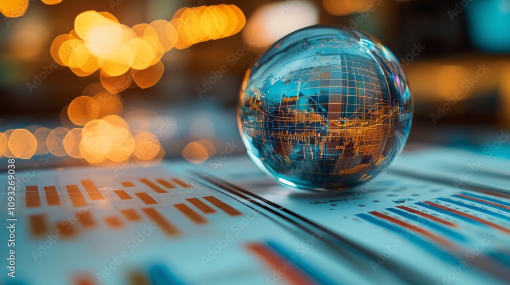 Poster captivating macro photograph of a crystal clear glass globe set against a vibrant background with bl