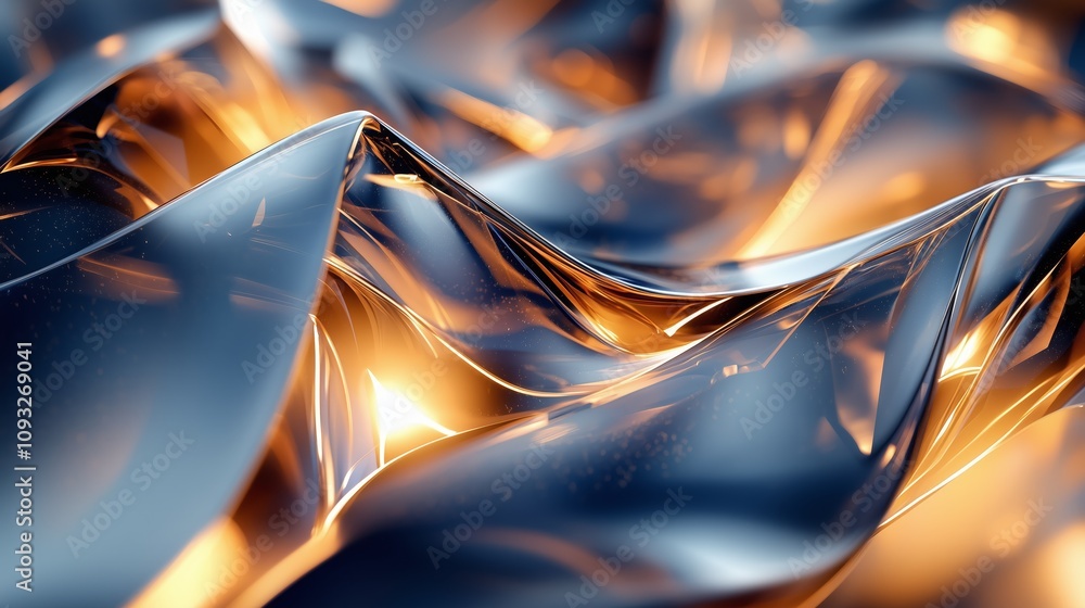 Poster dynamic abstract scene featuring reflective surfaces and soft light patterns, showcasing fluid motio