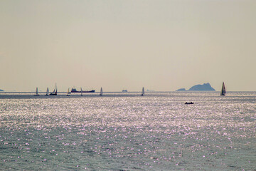 Panoramic view of island and racing sailboats on the sea	
