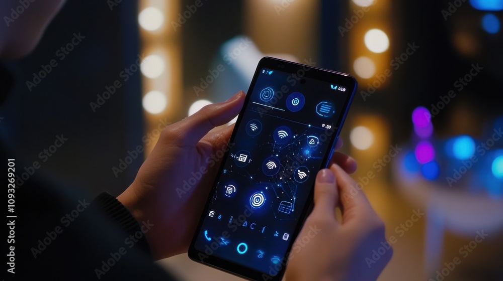 Aufkleber close-up of a person holding a smartphone with futuristic user interface displaying various icons on