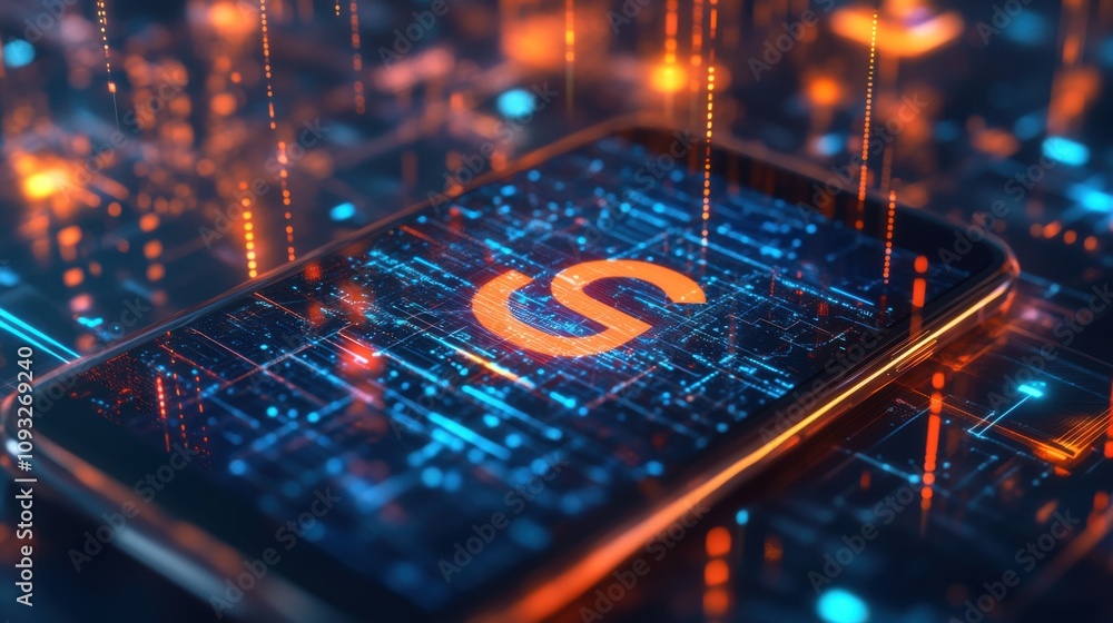 Poster smartphone displaying bright orange icon against background of digital data streams and neon lights 