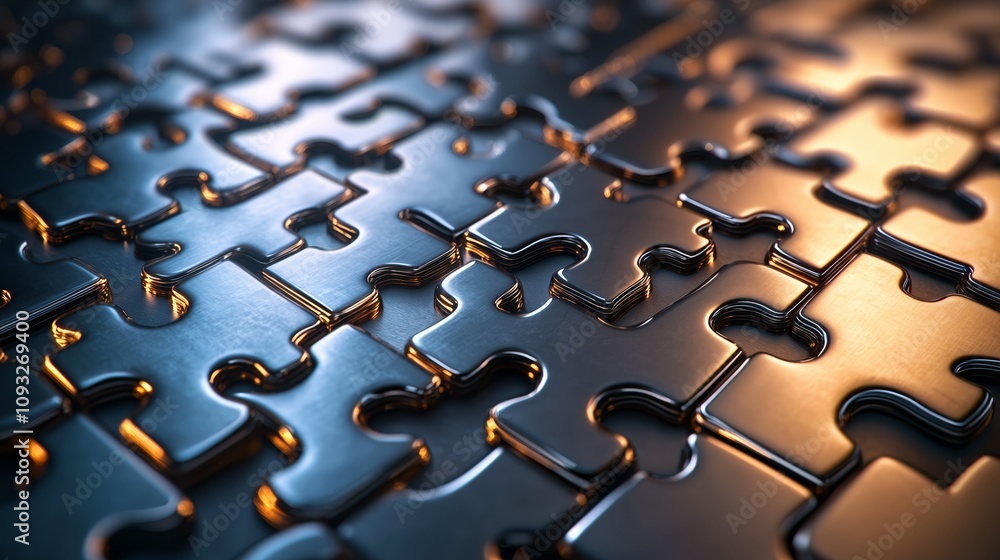 Poster intricate arrangement of metallic puzzle pieces showcasing design and structure in a polished and re