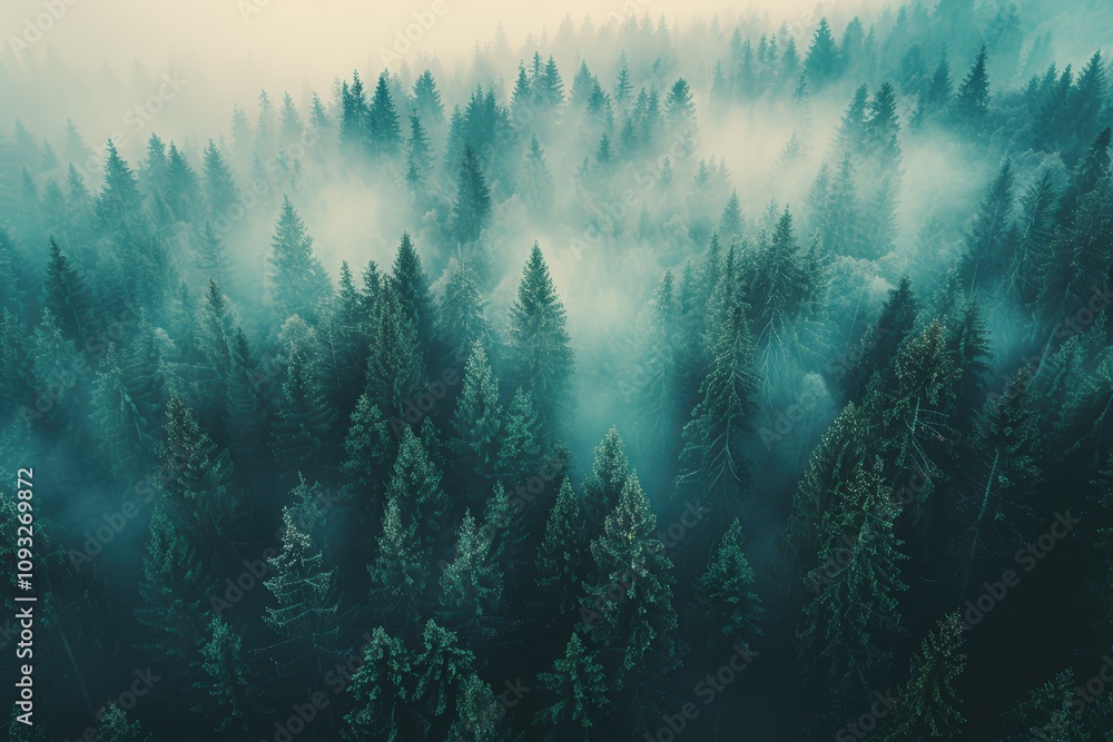 Poster a misty forest landscape with dense evergreen trees, creating a serene and atmospheric view that cap