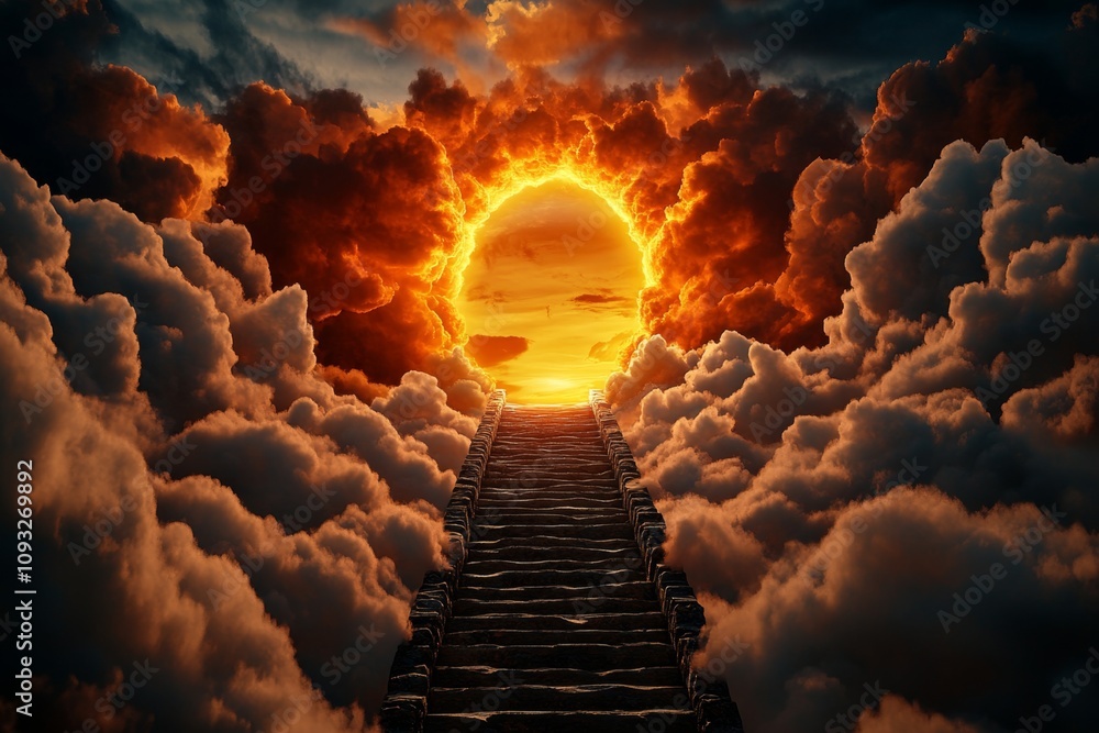Aufkleber an awe-inspiring scene of a long, straight staircase stretching high into the clouds, leading to a r