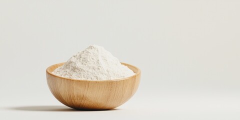 A bowl of white flour against a neutral background, ideal for cooking and baking.