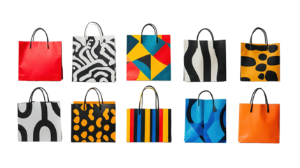 Isolating design trends a variety of shopping bags in geometric patterns studio setting product photography creative concept