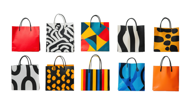 Isolating design trends a variety of shopping bags in geometric patterns studio setting product photography creative concept