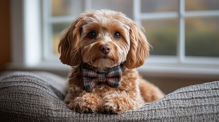 Adorable dog wearing a bow tie lounging on a couch by the window