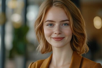 Obraz premium Close-up headshot Confident European young woman, good looking teenager, middle aged leader, businesswoman, CEO on blurred office background. Beautiful young European businesswoman smiles at thecamera