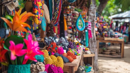Colorful handcrafted goods displayed at an outdoor market stall.