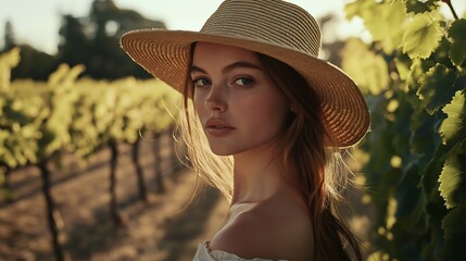 Young Woman in Vineyard at Sunset