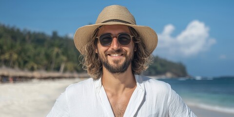 A cheerful man in sunglasses and a hat enjoying a sunny beach atmosphere.