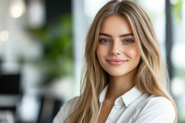 Obraz premium Close-up headshot Confident European young woman, good looking teenager, middle aged leader, businesswoman, CEO on blurred office background. Beautiful young European businesswoman smiles at thecamera
