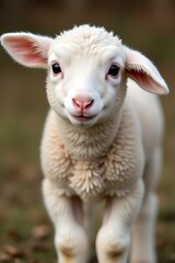 Fototapeta premium Adorable young lamb with soft wool and friendly expression in natural setting