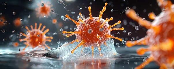 A close-up view of a virus in water, showcasing its spiky structure and vibrant orange color against a dark background.