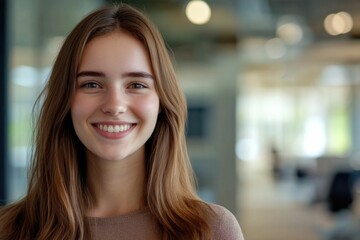 Obraz premium Close-up headshot Confident European young woman, good looking teenager, middle aged leader, businesswoman, CEO on blurred office background. Beautiful young European businesswoman smiles at thecamera