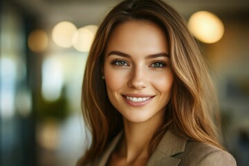 Obraz premium Close-up headshot Confident European young woman, good looking teenager, middle aged leader, businesswoman, CEO on blurred office background. Beautiful young European businesswoman smiles at thecamera