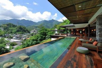 A stunning outdoor space with a pool overlooking lush mountains, blending nature and luxury in a serene setting.