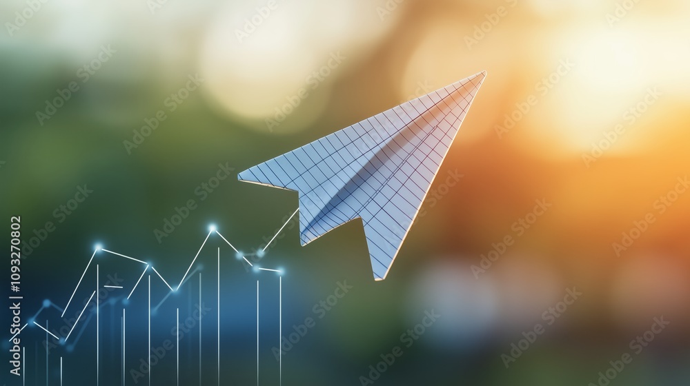 Poster high-resolution image of a paper airplane soaring above a graph, symbolizing growth and progress in 