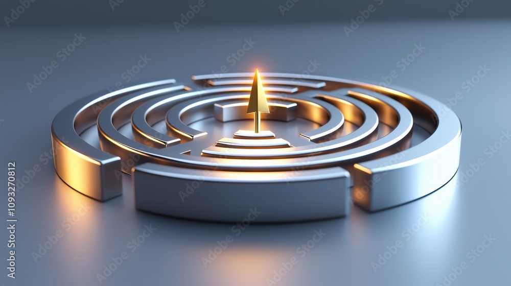 Poster polished 3d illustration of a circular maze design with a central cone highlighted by soft lighting,
