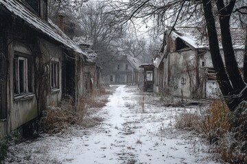 Snow Covered Ruined Buildings Alleyway Winter Scene