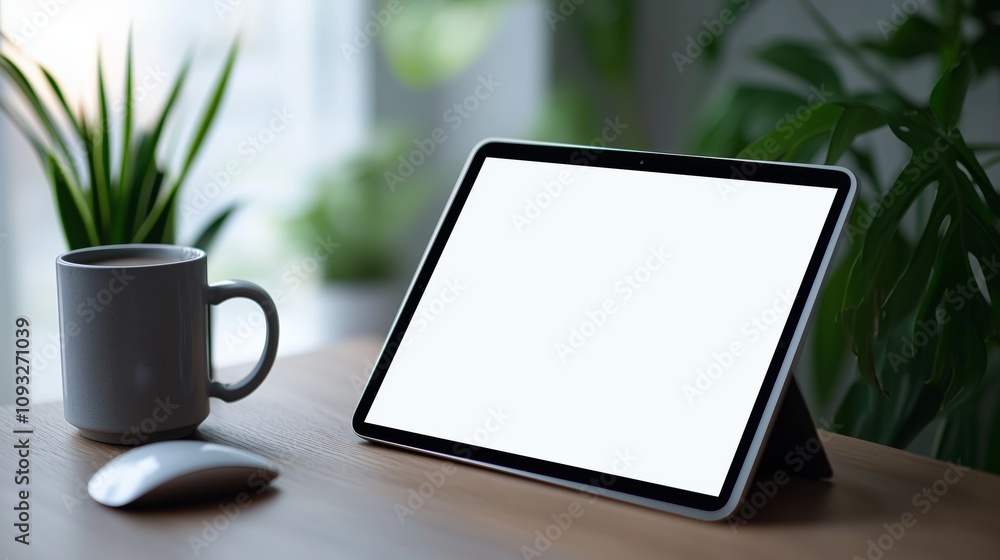 Poster sleek and modern tablet displaying clean user interface on a desk surrounded by lush green plants an