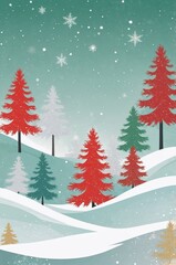 Obraz premium Winter Landscape with Colorful Pine Trees and Falling Snowflakes, Flat Colors