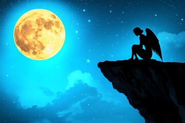 Obraz premium Angel perched on a cliff, gazing at a vast ocean under a star-filled sky, their wings glowing softly in the moonlight