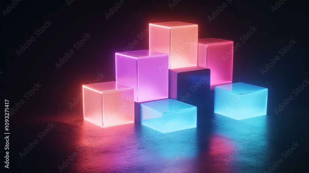 Poster Neon Cubes Form Abstract Geometric Structure
