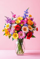 Fototapeta premium Stunning Glass Vase Bouquet With Colorful Flowers On Pink Backdrop