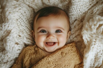 Happy Baby Smiling In Knitted Blanket