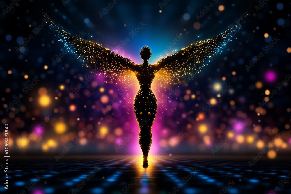 Poster Angel with translucent wings, digitally illustrated in 3D with light beams refracting through the feathers, creating a rainbow effect