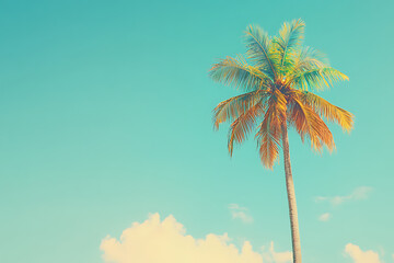 Obraz premium Bright tropical beach scene withdecorated palm tree in the foreground and wide open sky for text placement