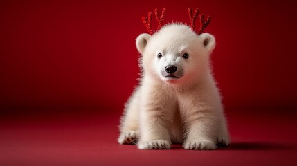 Obraz premium Cute polar bear cub with festive antlers on a red background