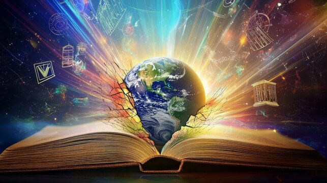 Earth emerging from an open book, surrounded by vibrant light and symbolic imagery.