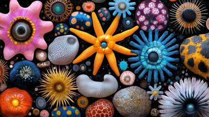 A vibrant collection of colorful, textured marine organisms and rocks, showcasing intricate patterns and shapes.