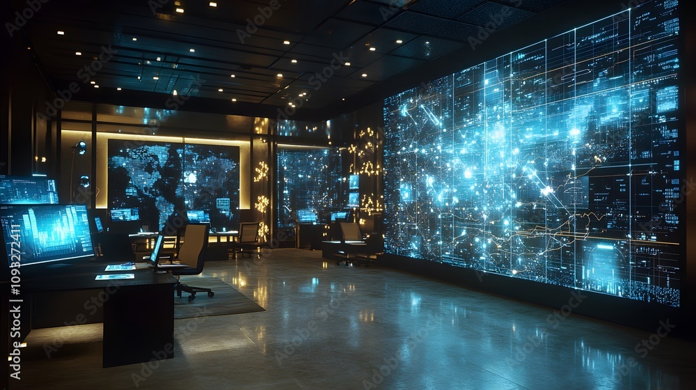 Poster A corporate office with 3D glowing strategy models and 2D real-time communication threads. 4k resolution, Cinematic Scene