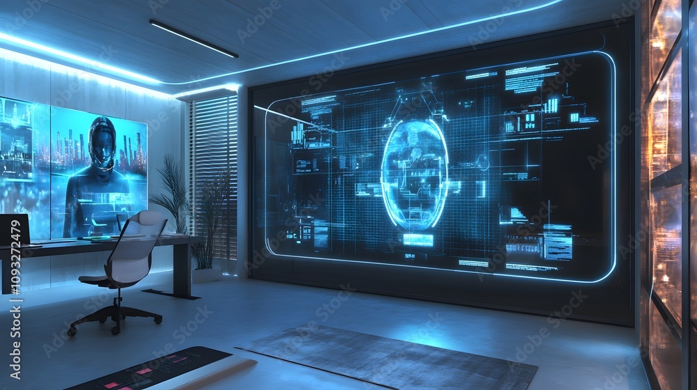 Poster A coworking hub with 3D holographic shared spaces and 2D task alignment visuals. 4k resolution, Cinematic Scene