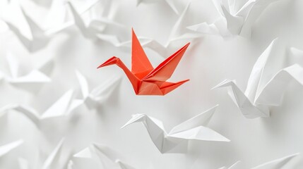 A single colored origami crane flying among plain white cranes, symbolizing creative uniqueness, minimalist design © Aisha
