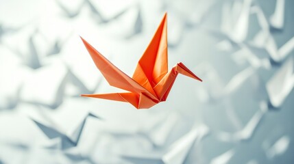 A single colored origami crane flying among plain white cranes, symbolizing creative uniqueness, minimalist design © Aisha