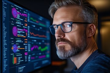 Application dashboard on a desktop monitor, with charts and analytics representing user data